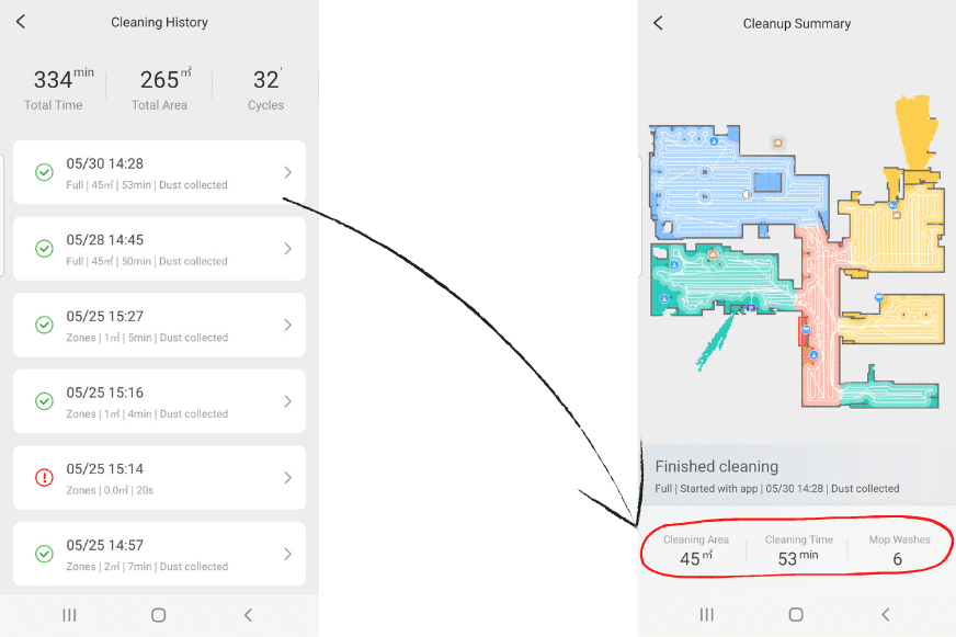 История уборки в приложении Roborock S7 MaxV Ultra App